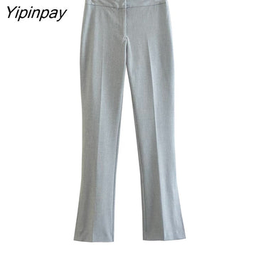 Yipinpay 2023 Spring Autumn Ladies Gray Blazer Suit Office Outfits Solid Double Breasted Jacket+Zipper Split Basic Long Pant Outwear